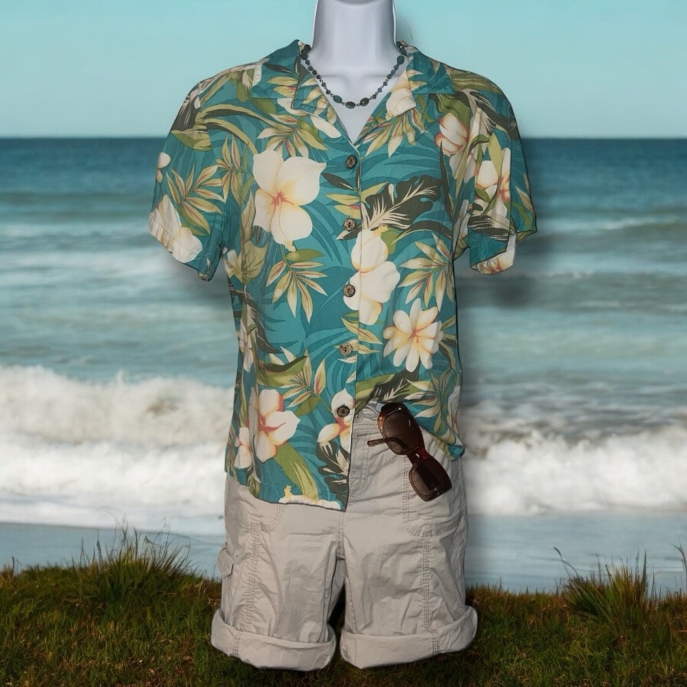 Vintage Marsh Landing Teal Floral Print Short Sleeve Button-Down Hawaiian Shirt